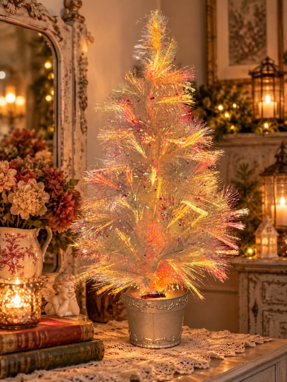 Vintage Entela 32" Fiber Optic Christmas Tree White Iridescent Tinsel Lighted